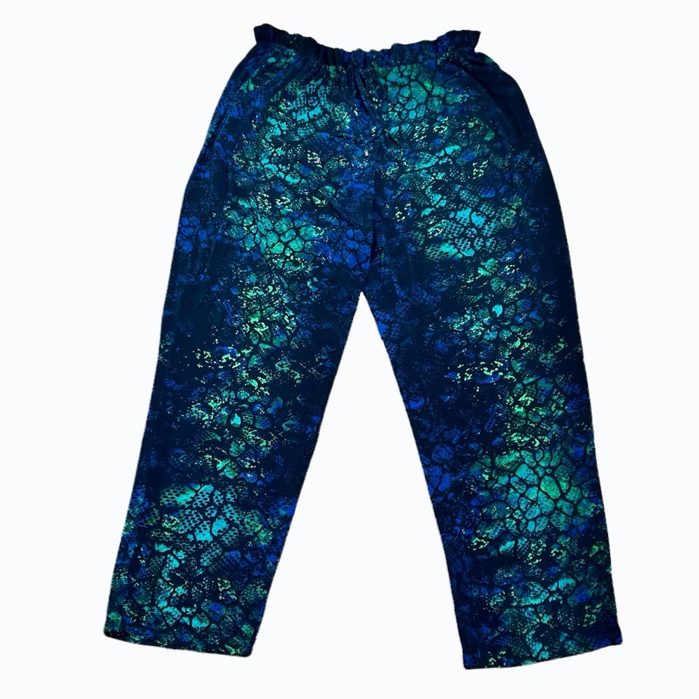 TAHARI BLUE & GREEN SNAKE PRINT DRAWSTRING LOOSE PAPER BAG WAIST PANTS